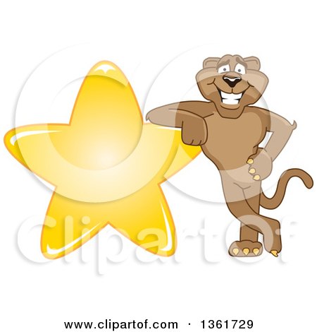 Clipart of a Cougar School Mascot Character Leaning on a Star, Symbolizing Excellence - Royalty Free Vector Illustration by Mascot Junction