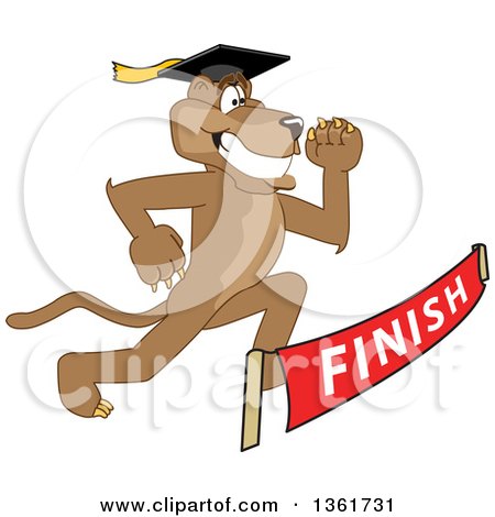 Clipart of a Cougar School Mascot Character Graduate Running to a Finish Line, Symbolizing Determination - Royalty Free Vector Illustration by Mascot Junction