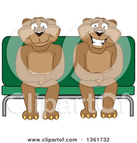 Clipart of Cougar School Mascot Characters Sitting on a Bench, Symbolizing Safety - Royalty Free Vector Illustration by Mascot Junction