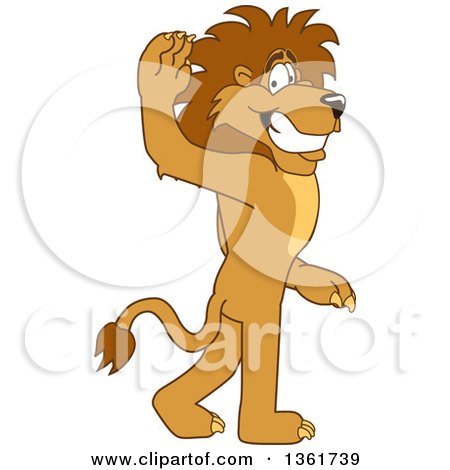 Clipart of a Lion School Mascot Character Gesturing for You to Follow, Symbolizing Leadership - Royalty Free Vector Illustration by Mascot Junction
