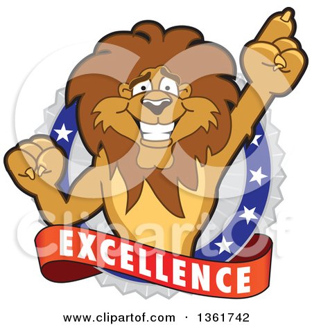 Clipart of a Lion School Mascot Character Holding up a Finger on an Excellence Badge - Royalty Free Vector Illustration by Mascot Junction