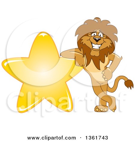 Clipart of a Lion School Mascot Character Leaning on a Star, Symbolizing Excellence - Royalty Free Vector Illustration by Mascot Junction