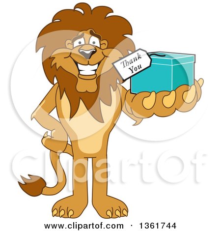 Clipart of a Lion School Mascot Character Holding up a Thank You Gift, Symbolizing Gratitude - Royalty Free Vector Illustration by Mascot Junction