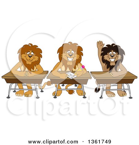 Clipart of Lion School Mascot Characters Sitting at Desks, One Raising His Hand, Symbolizing Respect - Royalty Free Vector Illustration by Mascot Junction