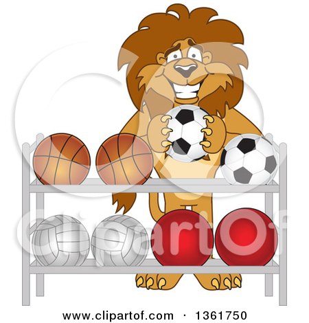 Clipart of a Lion School Mascot Character Putting a Soccer Ball Back on a Rack, Symbolizing Respect - Royalty Free Vector Illustration by Mascot Junction