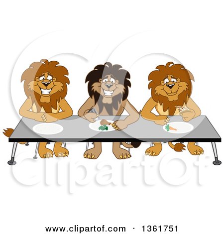 Clipart of Lion School Mascot Characters Eating Together, Symbolizing Respect - Royalty Free Vector Illustration by Mascot Junction
