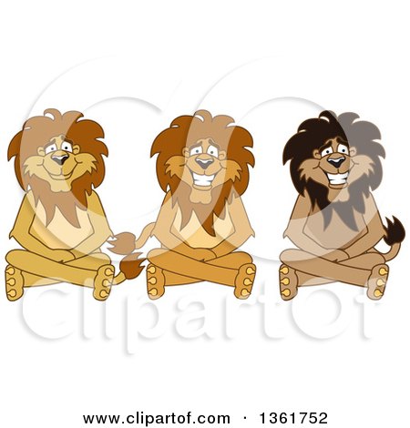 Clipart of Lion School Mascot Characters Sitting on the Floor, Symbolizing Respect - Royalty Free Vector Illustration by Mascot Junction