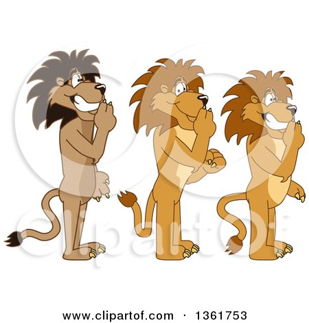 Clipart of Lion School Mascot Characters Gesturing Silence, Symbolizing Respect - Royalty Free Vector Illustration by Mascot Junction