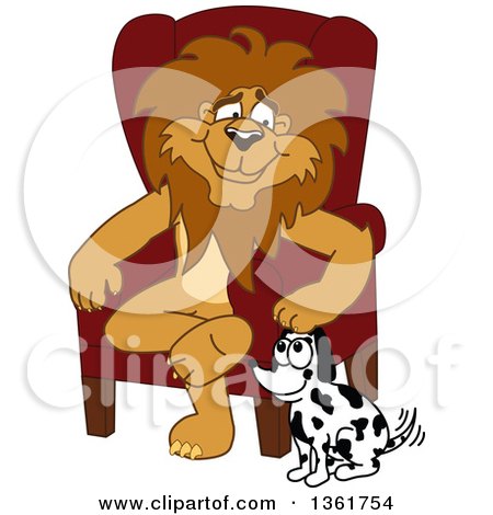 Clipart of a Lion School Mascot Character Sitting by a Dog, Symbolizing Responsibility - Royalty Free Vector Illustration by Mascot Junction