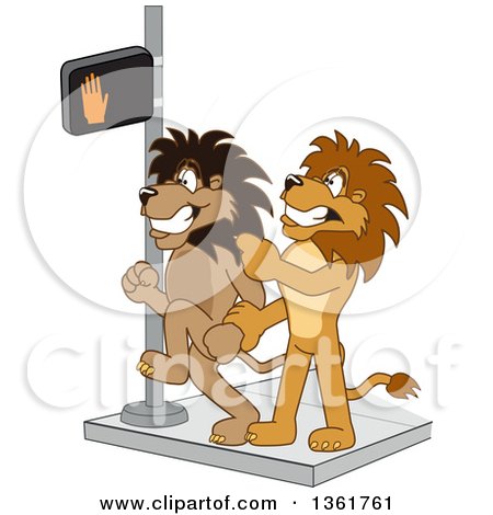 Clipart of a Lion School Mascot Character Stopping Another from Using a Crosswalk at the Wrong Time, Symbolizing Safety - Royalty Free Vector Illustration by Mascot Junction