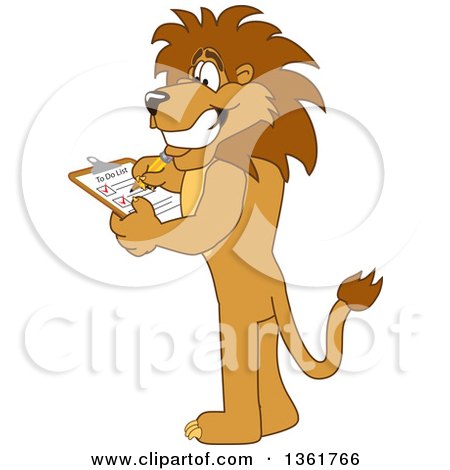Clipart of a Lion School Mascot Character Completing a to Do List, Symbolizing Being Dependable - Royalty Free Vector Illustration by Mascot Junction
