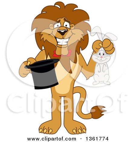 Clipart of a Lion School Mascot Character Magician Holding a Rabbit and Hat, Symbolizing Being Resourceful - Royalty Free Vector Illustration by Mascot Junction