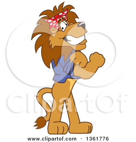 Clipart of a Lion School Mascot Character Riveter Wearing a Bandana and Flexing Muscles, Symbolizing Determination - Royalty Free Vector Illustration by Mascot Junction