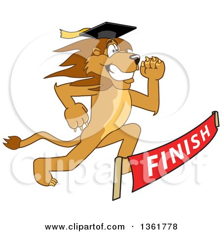 Clipart of a Lion School Mascot Character Graduate Running to a Finish Line, Symbolizing Determination - Royalty Free Vector Illustration by Mascot Junction