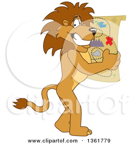 Clipart of a Lion School Mascot Character Holding a Map, Symbolizing Being Proactive - Royalty Free Vector Illustration by Mascot Junction
