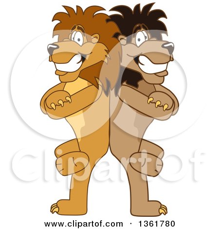 Clipart of a Lion School Mascot Character Standing Back to Back and Leaning on Each Other, Symbolizing Loyalty - Royalty Free Vector Illustration by Mascot Junction