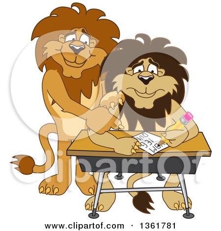 Clipart of a Lion School Mascot Character Tutoring a Worried Student, Symbolizing Compassion - Royalty Free Vector Illustration by Mascot Junction