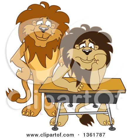 Clipart of a Lion School Mascot Character Standing by a Worried Student, Symbolizing Compassion - Royalty Free Vector Illustration by Mascot Junction