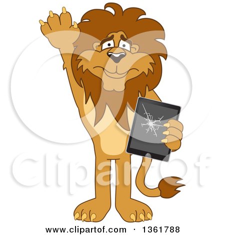 Clipart of a Lion School Mascot Character Confessing to Breaking a Tablet Computer, Symbolizing Integrity - Royalty Free Vector Illustration by Mascot Junction