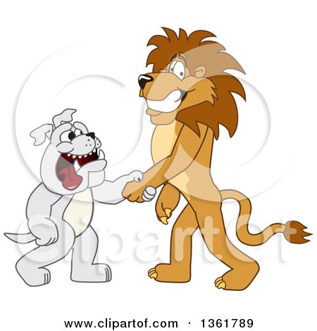 Clipart of a Lion School Mascot Character Shaking Hands with a Bulldog, Symbolizing Acceptance - Royalty Free Vector Illustration by Mascot Junction
