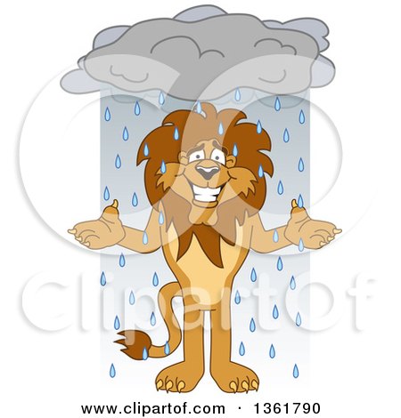 Clipart of a Lion School Mascot Character Shrugging in the Rain, Symbolizing Acceptance - Royalty Free Vector Illustration by Mascot Junction