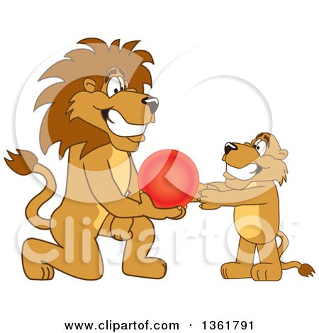 Clipart of a Lion School Mascot Character Giving a Ball to a Cub, Symbolizing Compassion - Royalty Free Vector Illustration by Mascot Junction