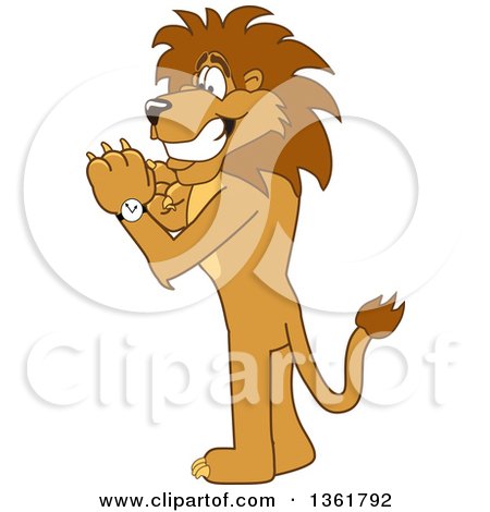 Clipart of a Lion School Mascot Character Checking His Watch for the Time, Symbolizing Being Dependable - Royalty Free Vector Illustration by Mascot Junction