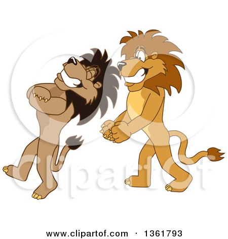 Clipart of Lion School Mascot Characters Doing a Trust Fall Exercise, Symbolizing Being Dependable - Royalty Free Vector Illustration by Mascot Junction