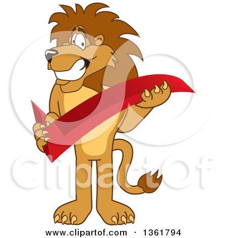 Clipart of a Lion School Mascot Character Holding a Check Mark, Symbolizing Acceptance - Royalty Free Vector Illustration by Mascot Junction