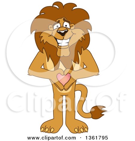 Clipart of a Lion School Mascot Character Holding a Heart, Symbolizing Compassion - Royalty Free Vector Illustration by Mascot Junction