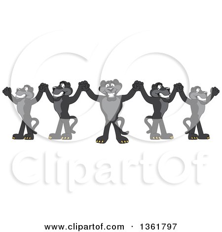 Clipart of Black Panther School Mascot Characters Cheering and Holding up Hands, Symbolizing Leadership - Royalty Free Vector Illustration by Mascot Junction