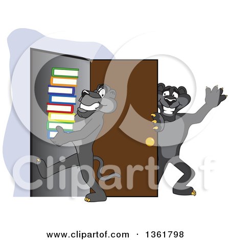 Clipart of a Black Panther School Mascot Character Holding a Door Open for a Friend Carrying a Stack of Books, Symbolizing Compassion - Royalty Free Vector Illustration by Mascot Junction