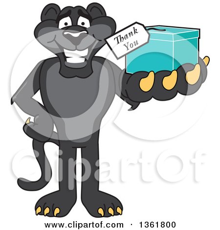 Clipart of a Black Panther School Mascot Character Holding out a Thank You Gift, Symbolizing Gratitude - Royalty Free Vector Illustration by Mascot Junction