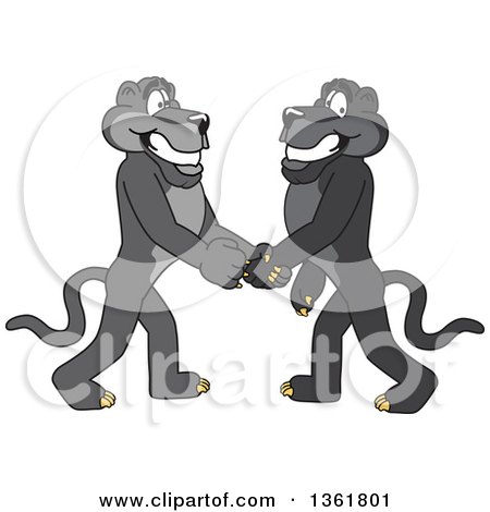 Clipart of Black Panther School Mascot Characters Shaking Hands, Symbolizing Gratitude - Royalty Free Vector Illustration by Mascot Junction