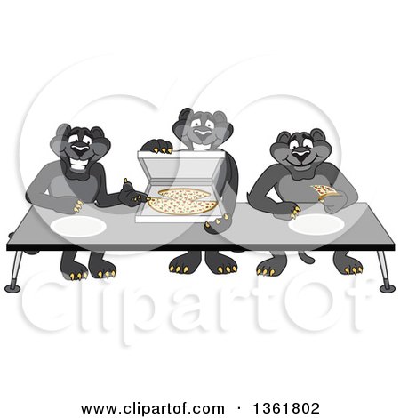Clipart of Black Panther School Mascot Characters Sharing Pizza, Symbolizing Gratitude - Royalty Free Vector Illustration by Mascot Junction