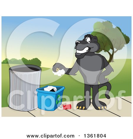 Clipart of a Black Panther School Mascot Character Recycling, Symbolizing Integrity - Royalty Free Vector Illustration by Mascot Junction