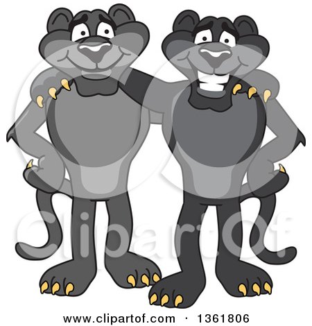Clipart of Black Panther School Mascot Characters Standing and Embracing, Symbolizing Loyalty - Royalty Free Vector Illustration by Mascot Junction