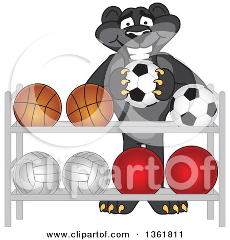Clipart of a Black Panther School Mascot Character Putting a Soccer Ball Back on a Rack, Symbolizing Respect - Royalty Free Vector Illustration by Mascot Junction