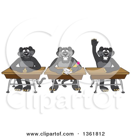 Clipart of Black Panther School Mascot Characters Sitting at Desks, One Raising His Hand, Symbolizing Respect - Royalty Free Vector Illustration by Mascot Junction