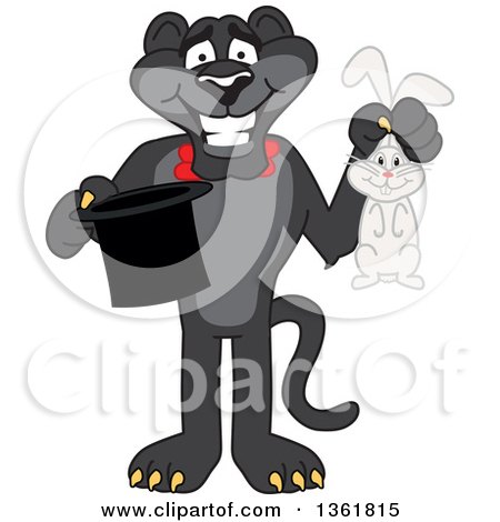Clipart of a Black Panther School Mascot Character Magician Holding a Hat and Rabbit, Symbolizing Being Resourceful - Royalty Free Vector Illustration by Mascot Junction