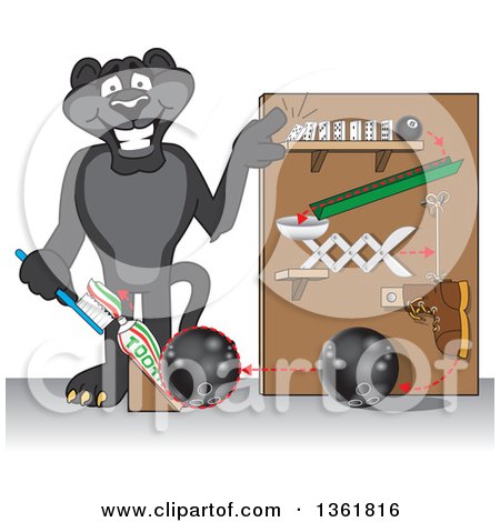 Clipart of a Black Panther School Mascot Character Showing a Toothpaste Dispenser Invention, Symbolizing Being Resourceful - Royalty Free Vector Illustration by Mascot Junction