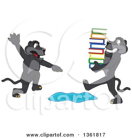 Clipart of a Black Panther School Mascot Character Warning Another That Is Carrying Books About a Puddle, Symbolizing Being Proactive - Royalty Free Vector Illustration by Mascot Junction