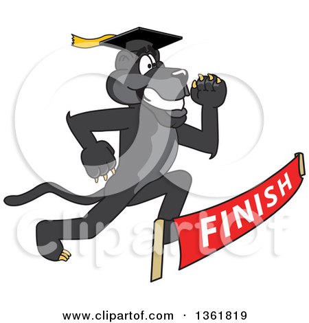 Clipart of a Black Panther School Mascot Character Graduate Racing to a Finish Line, Symbolizing Determination - Royalty Free Vector Illustration by Mascot Junction