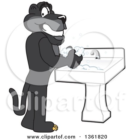 Clipart of a Black Panther School Mascot Character Washing His Hands, Symbolizing Responsibility - Royalty Free Vector Illustration by Mascot Junction