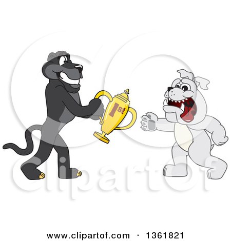 Clipart of a Black Panther School Mascot Character Giving a First Place Trophy to a Bulldog, Symbolizing Teamwork and Sportsmanship - Royalty Free Vector Illustration by Mascot Junction