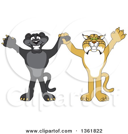 Clipart of Black Panther and Bobcat School Mascot Characters Holding Hands and Cheering, Symbolizing Sportsmanship - Royalty Free Vector Illustration by Mascot Junction