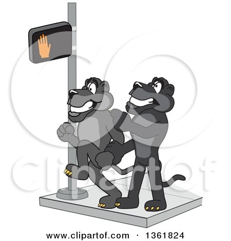 Clipart of a Black Panther School Mascot Character Stopping Another from Using a Crosswalk at the Wrong Time, Symbolizing Safety - Royalty Free Vector Illustration by Mascot Junction