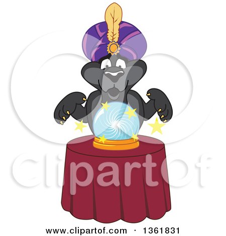 Clipart of a Black Panther School Mascot Character Fortune Teller Looking into a Crystal Ball, Symbolizing Being Proactive - Royalty Free Vector Illustration by Mascot Junction