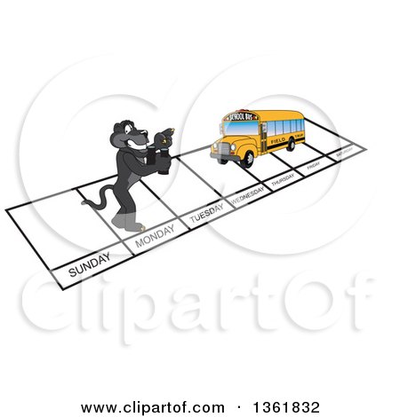 Clipart of a Black Panther School Mascot Character and Bus over Week Days, Symbolizing Being Proactive - Royalty Free Vector Illustration by Mascot Junction