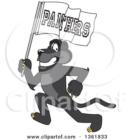Clipart of a Black Panther School Mascot Character Running with a Flag, Symbolizing Pride - Royalty Free Vector Illustration by Mascot Junction